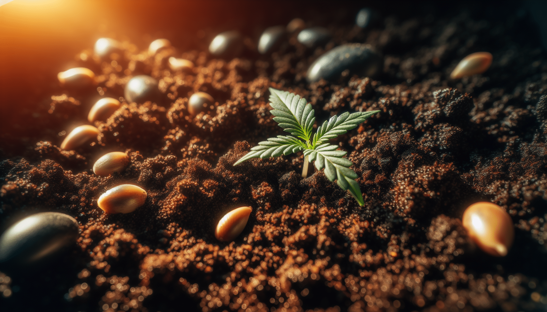 Cannabis seeds and seedling in soil