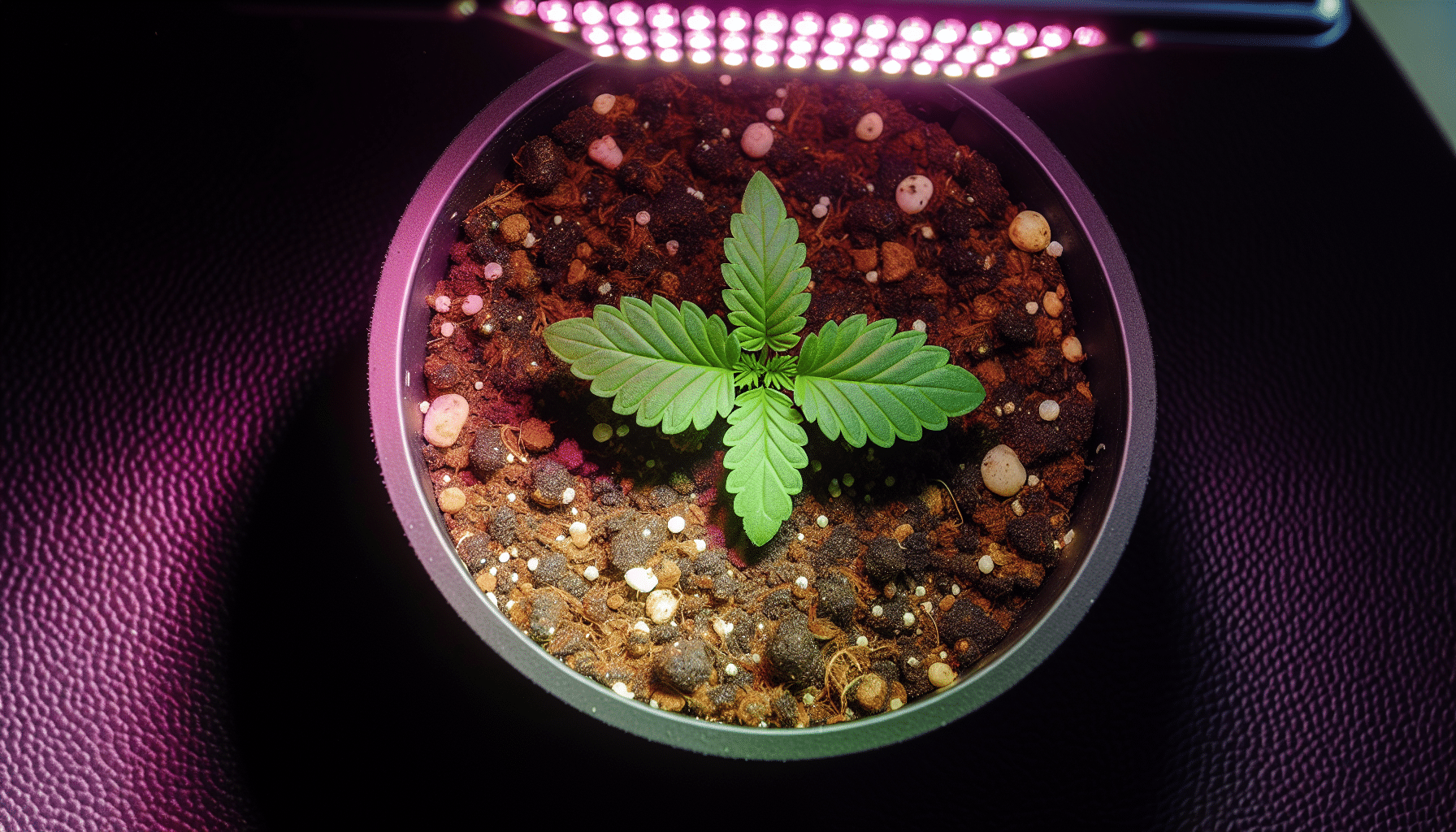 Young cannabis seedling under grow light, with clay pebbles