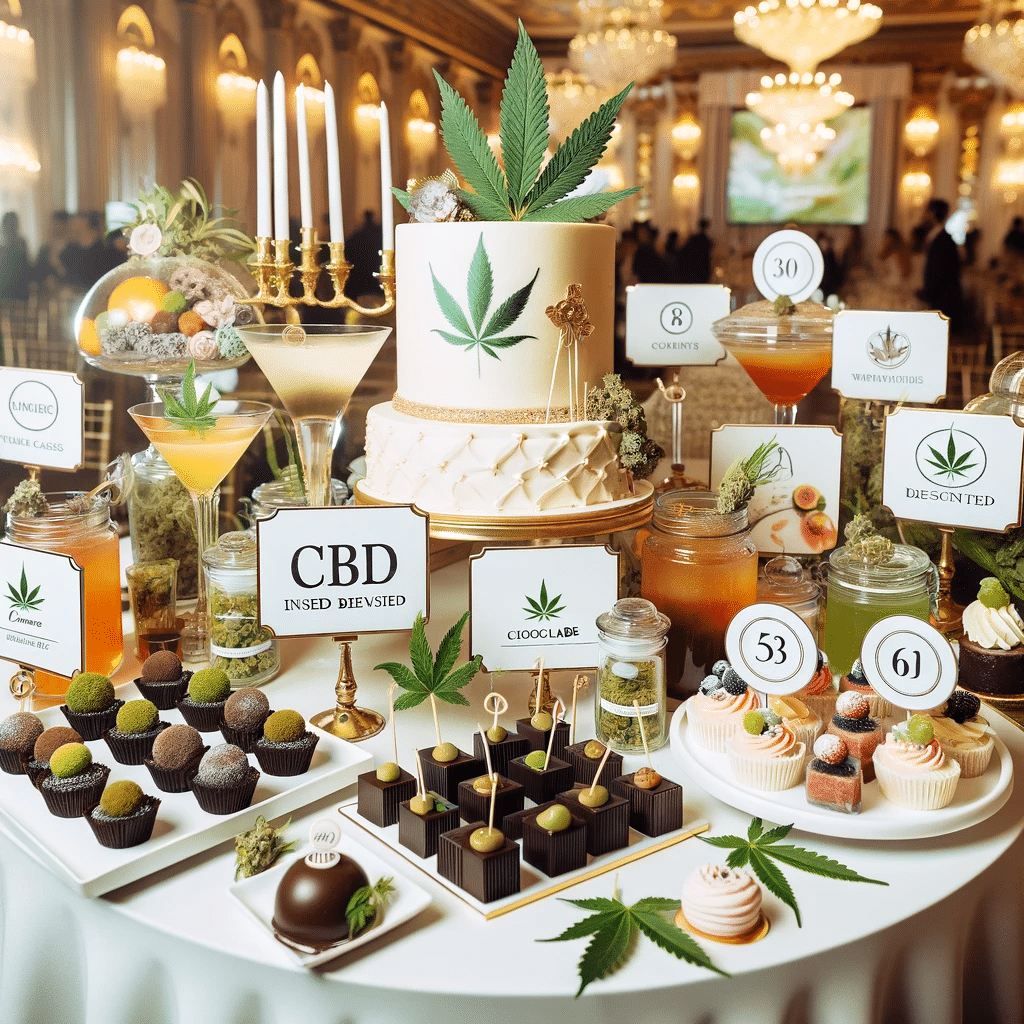 Here is an image representing an elegant wedding reception featuring cannabis-infused drinks and desserts. The setting showcases a sophisticated and inviting ambiance with various beautifully presented infused beverages and desserts, all clearly labeled to indicate the level of cannabis infusion.