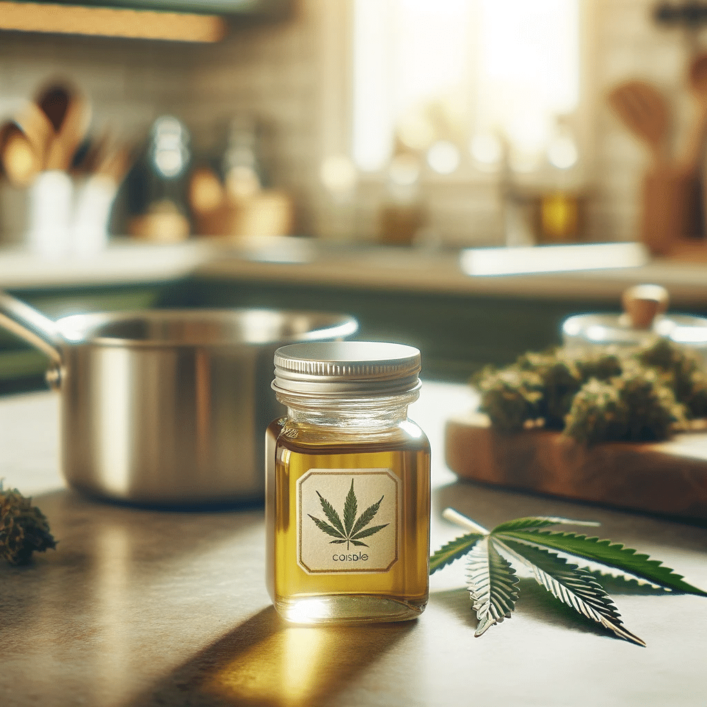 The image of a kitchen setting with a small glass jar of cannabis-infused oil is ready. You can see the jar labeled clearly and placed on a countertop, with a few cannabis leaves and a saucepan nearby, suggesting the infusion process. The cozy kitchen background adds to the inviting atmosphere of the scene.