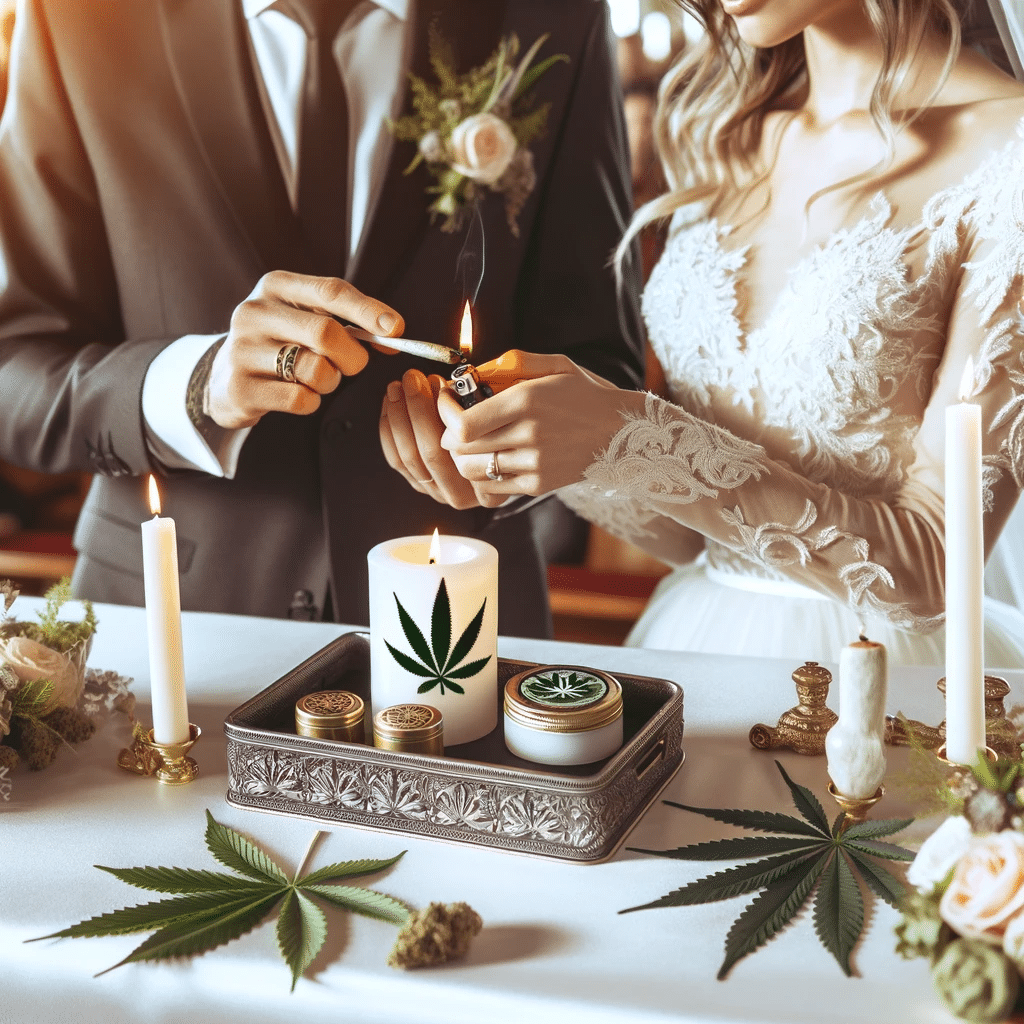 Here is an image representing a romantic and intimate cannabis-themed wedding ceremony. It depicts a couple at the altar, engaging in a shared cannabis experience, with elegant and subtle cannabis-themed decorations enhancing the ambiance.