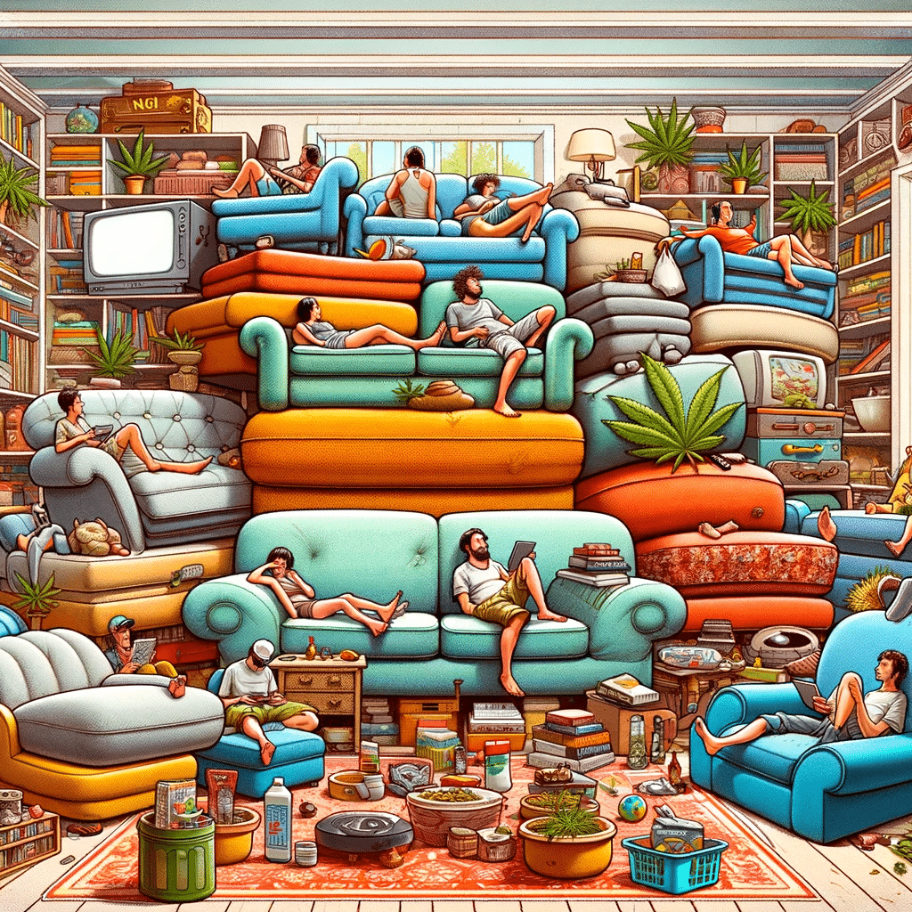 It whimsically depicts an overcrowded living room with various people lounging on elaborate couches, humorously illustrating the concept of a society where couches become central due to marijuana legalization.