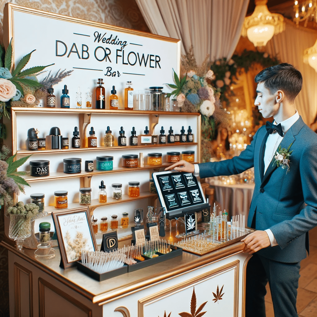 Here is an image representing a sophisticated wedding dab or flower bar setup, featuring a person in a bow tie serving various cannabis products. The bar's design is elegant and complements the wedding's theme, providing a classy and welcoming ambiance.