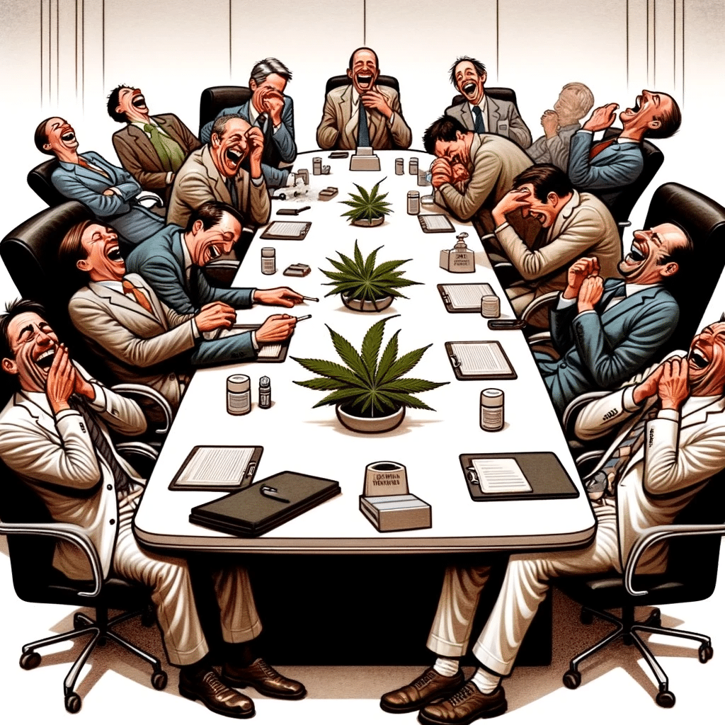  It humorously depicts a formal business meeting where participants are overcome with laughter, unable to control their amusement in this usually serious setting.