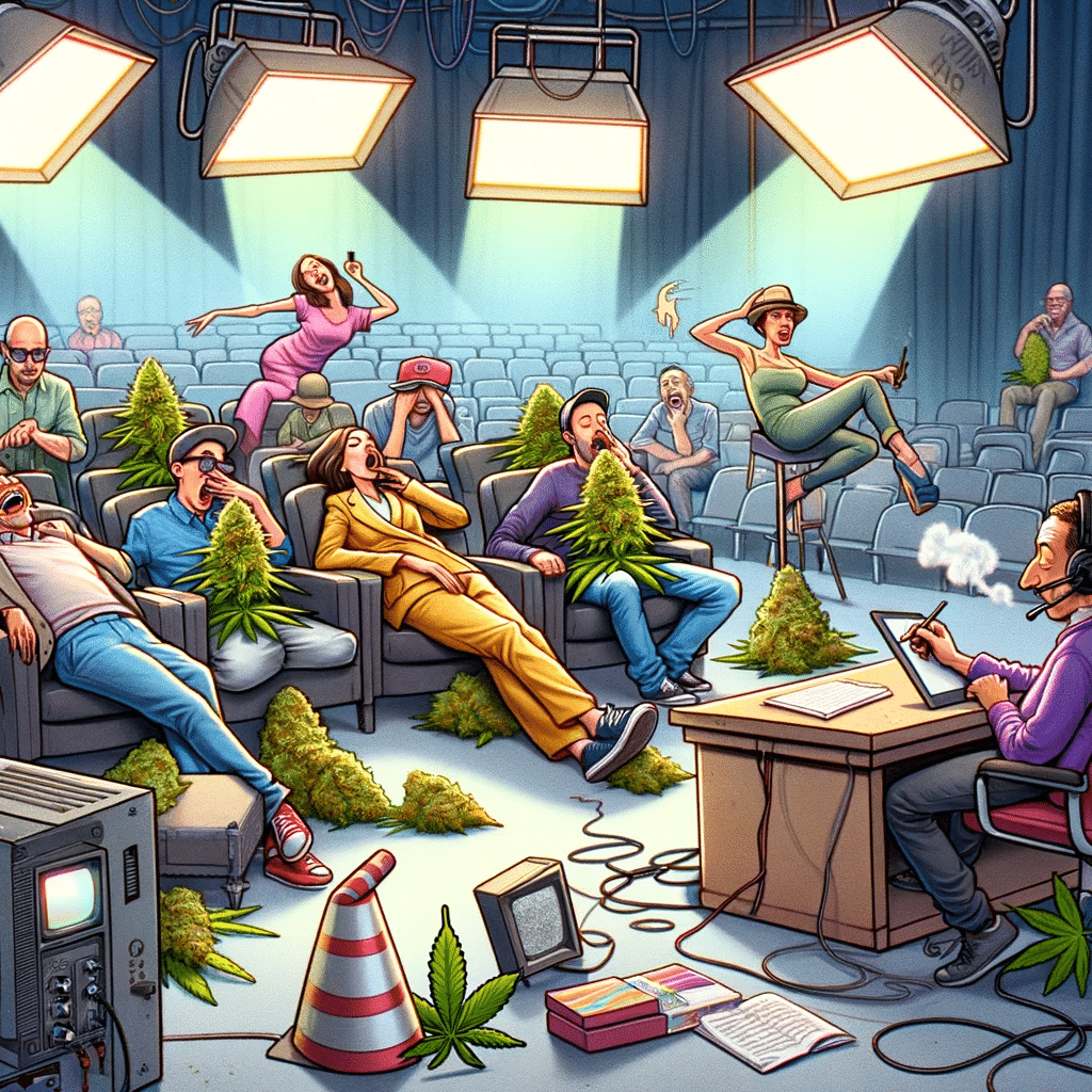 It comically shows a TV studio set for a drama show, where the actors appear too relaxed and disinterested in creating any conflict. The illustration humorously portrays actors lounging, yawning, and casually chatting, with a bored and frustrated director, emphasizing the impact of marijuana legalization on the entertainment industry's shift in storytelling and content creation.