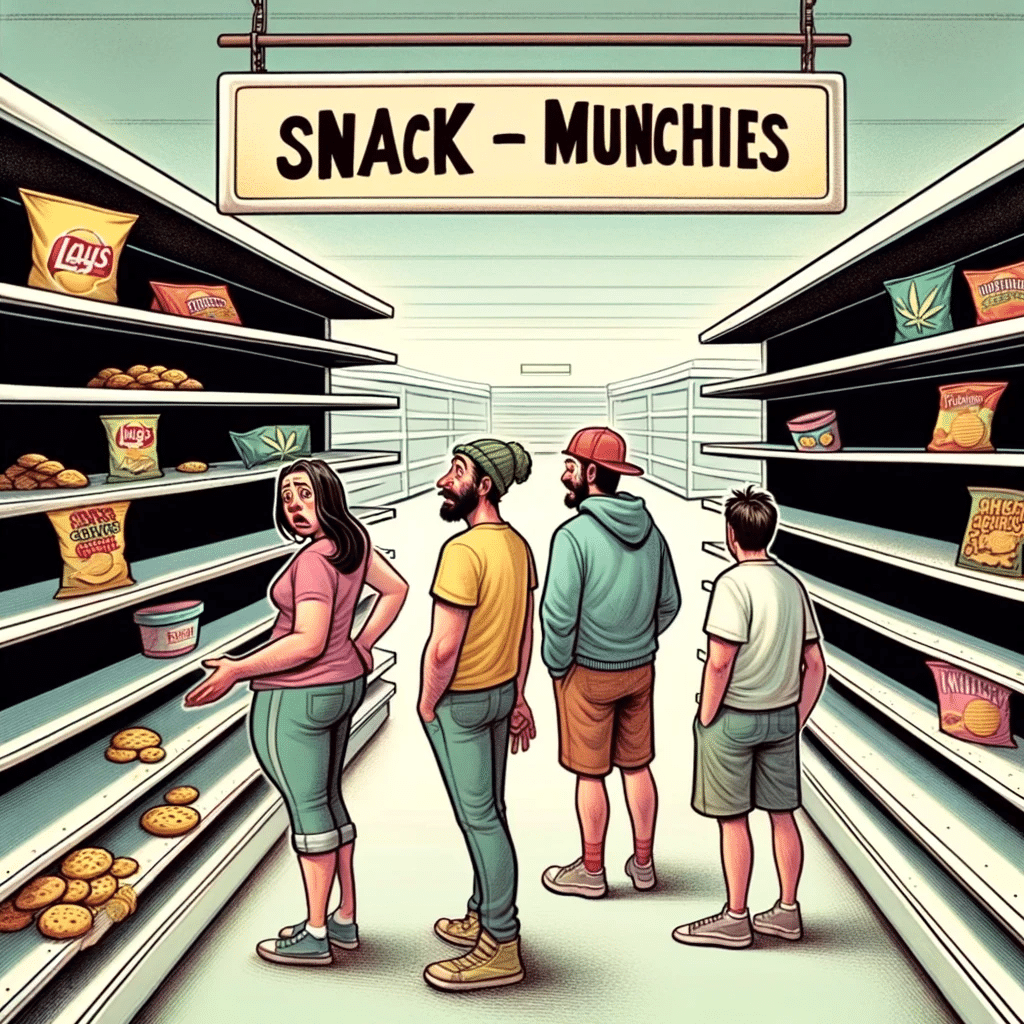 The Great Snack Shortage" has been created. It humorously illustrates an empty grocery store aisle, emphasizing the theme of a snack shortage related to the munchies from marijuana legalization.