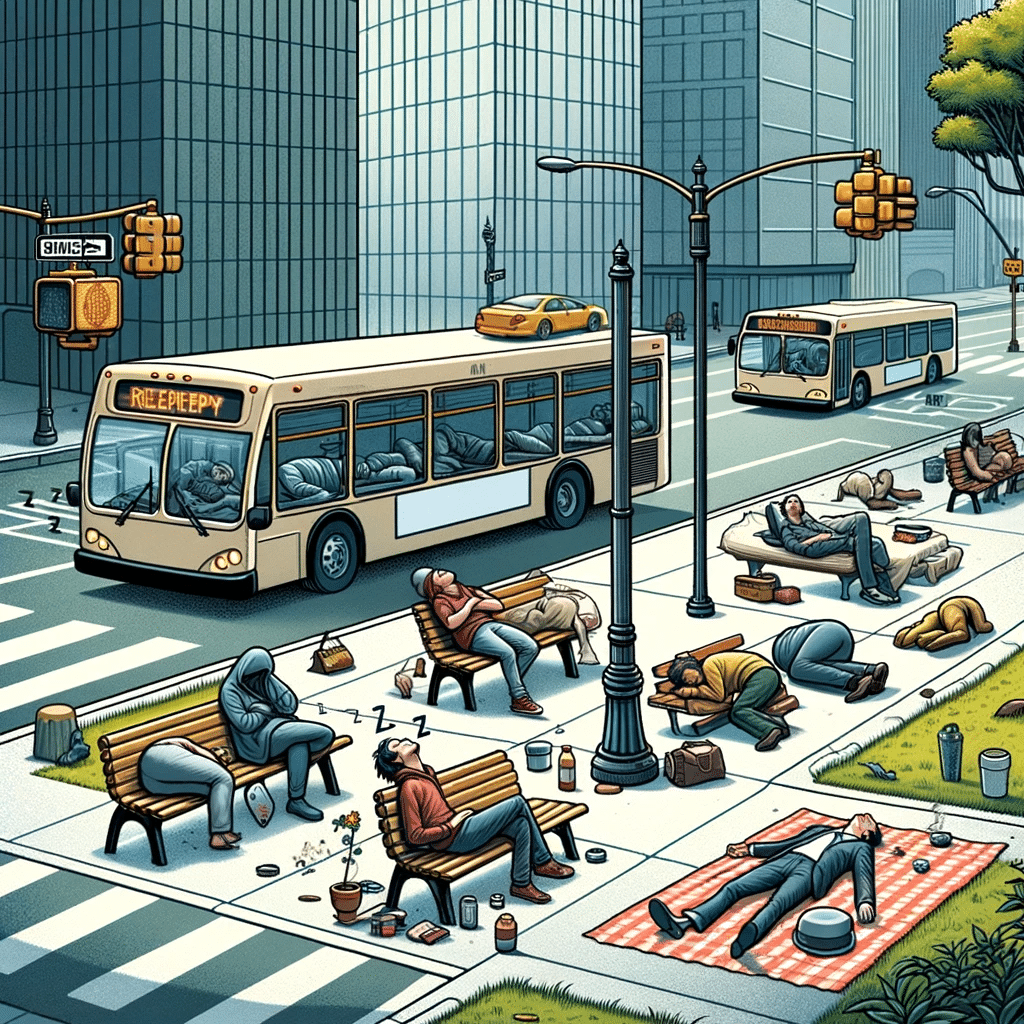 It whimsically shows a city scene where the streets are unusually quiet and people are seen napping in various public places, humorously depicting a society that embraces napping as a widespread pastime due to the relaxing effects of marijuana.