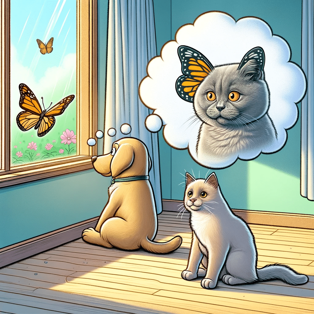 It whimsically shows pets in deep thought, such as a dog contemplatively staring at a butterfly and a cat looking thoughtfully out of a window. This illustration humorously conveys the idea of pets experiencing a deeper level of consciousness, potentially due to CBD usage, in a world where marijuana is federally legal.