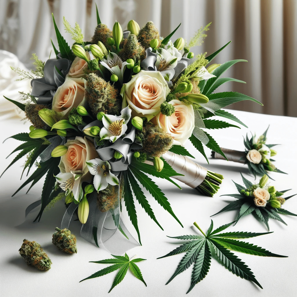Here is an image representing Section 1 of your article, "Cannabis Bouquets and Boutonnieres." The image features a sophisticated wedding bouquet and boutonnieres incorporating cannabis leaves and buds, elegantly combined with traditional wedding flowers. The color scheme and the ribbons are designed to match the wedding's theme.