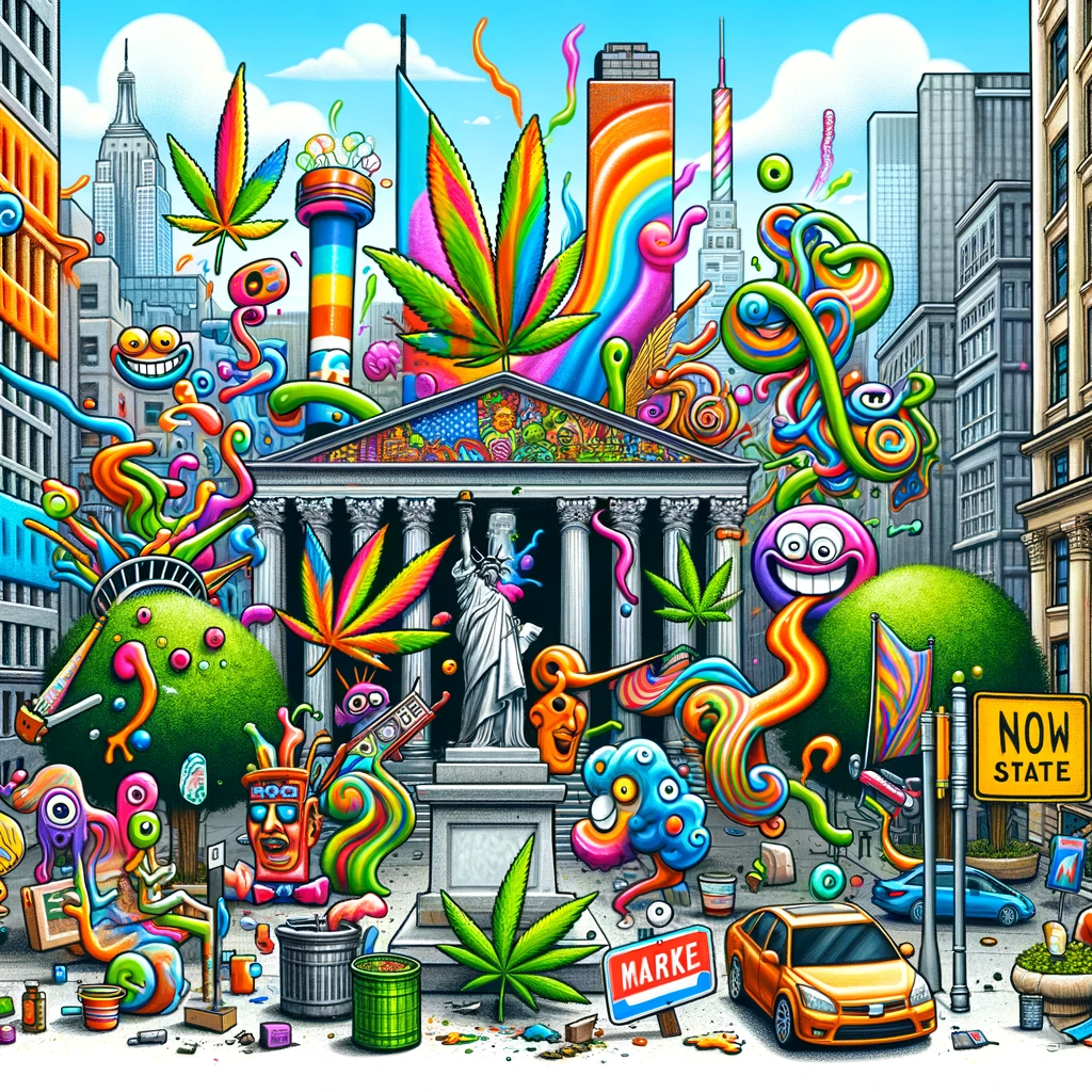  It playfully illustrates a cityscape transformed by a burst of creativity, with everyday objects turned into quirky pieces of art. This image humorously reflects the concept of a society teeming with artistic expression due to marijuana legalization.