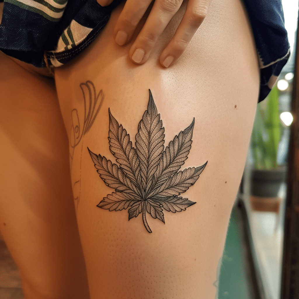 Pot leaf leg tattoo