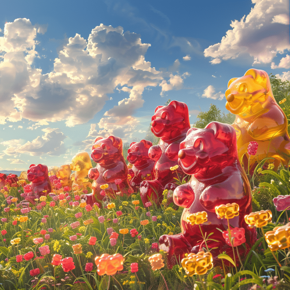 10 Unique Stoner-Infused Date Night Ideas 8 A group of giant yellow and red gummy bears sitting in a field of gummy flowers watching the clouds pass on